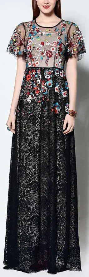 Floral Embellished Long Lace Maxi Dress in Black