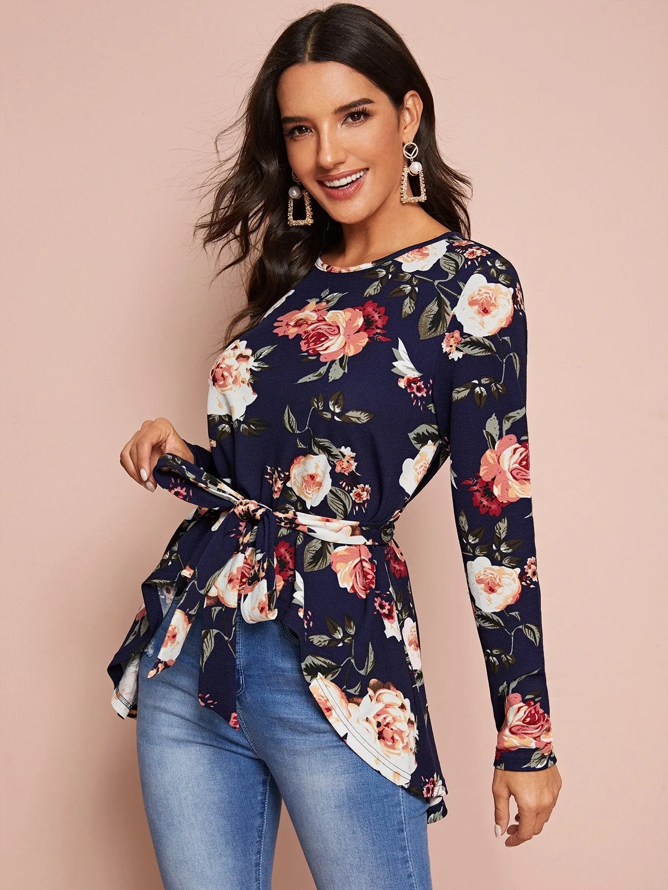 Floral High Low Hem Belted Top