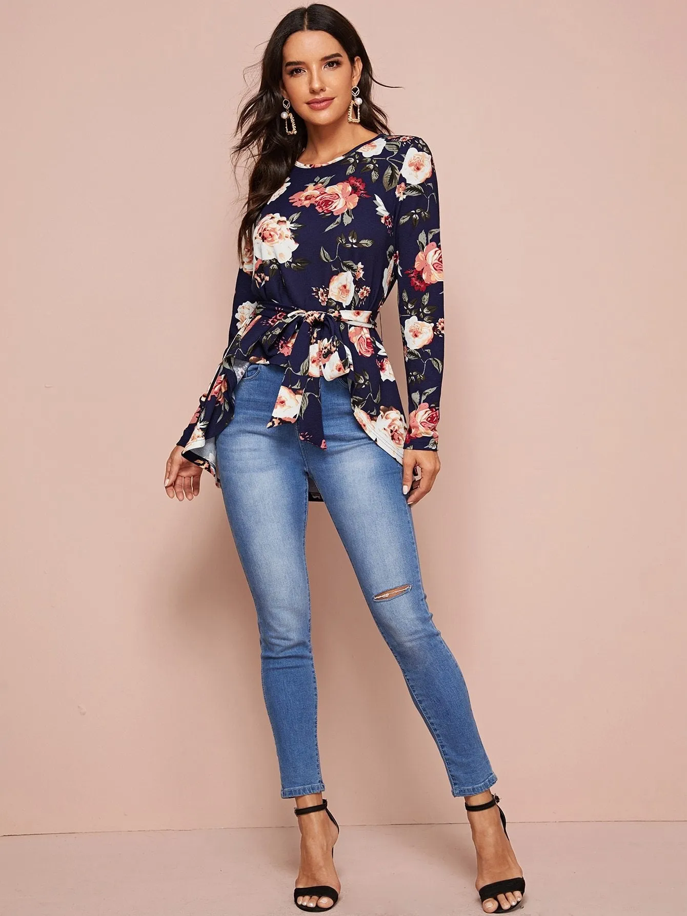 Floral High Low Hem Belted Top