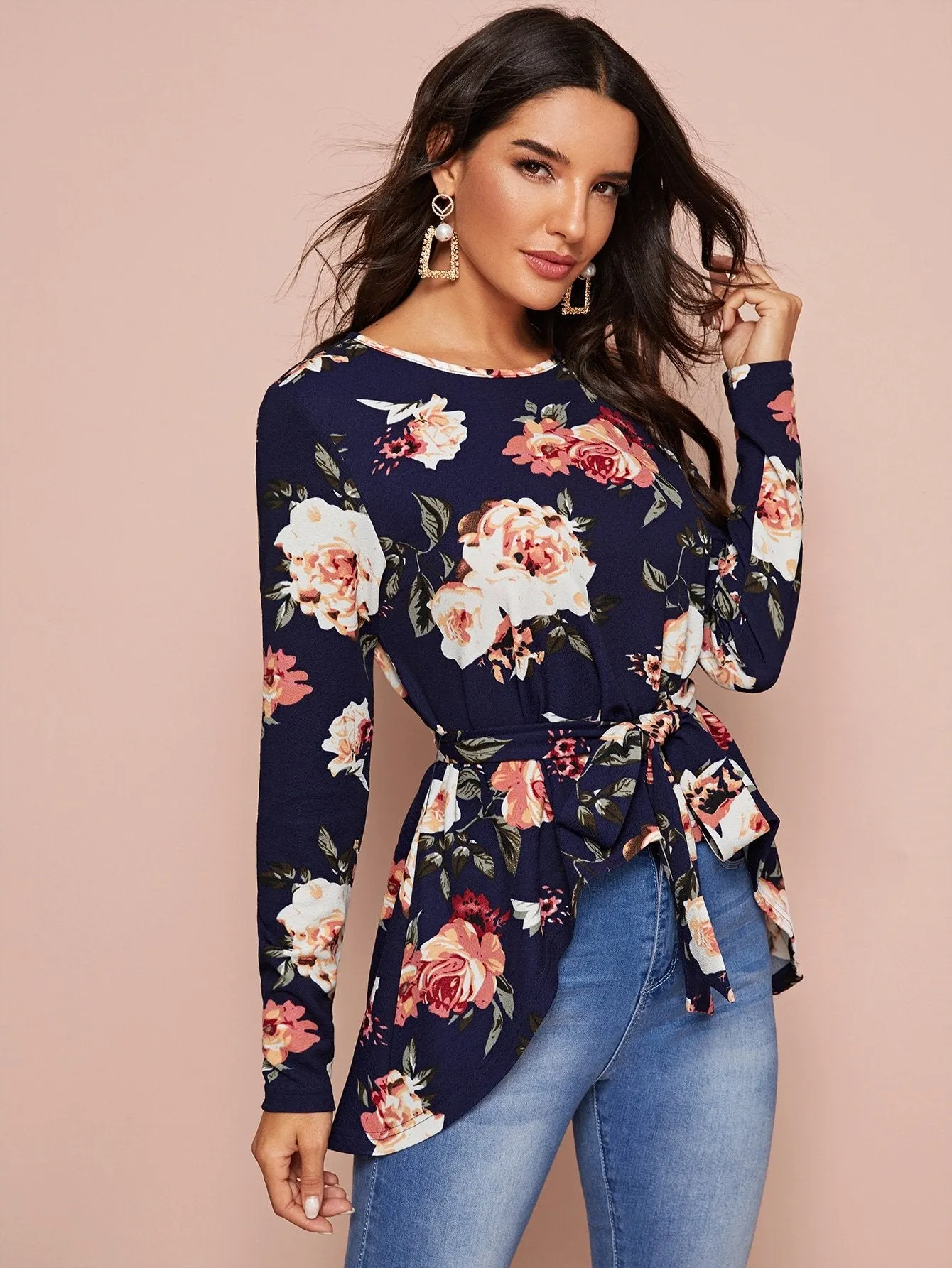 Floral High Low Hem Belted Top