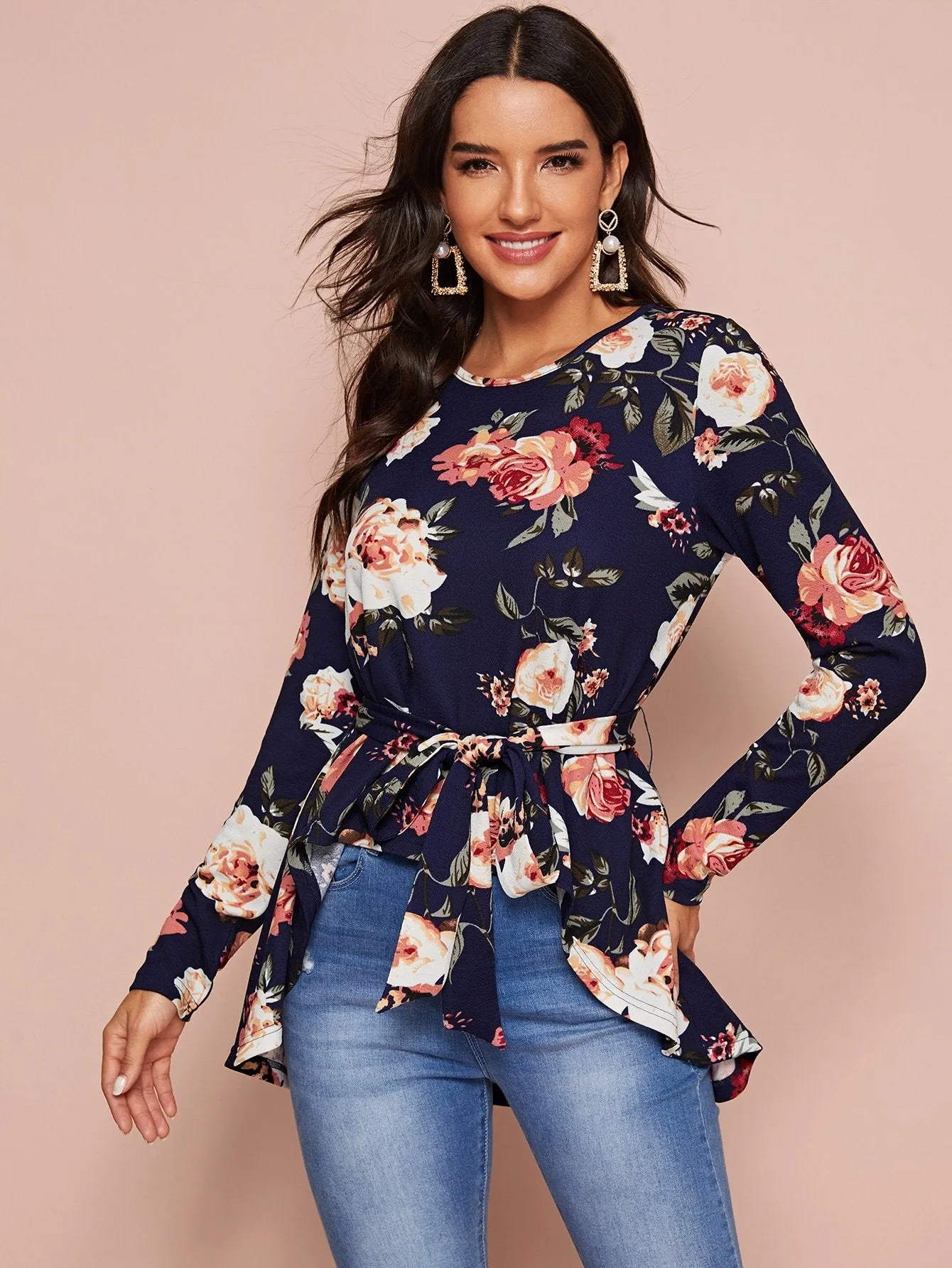 Floral High Low Hem Belted Top