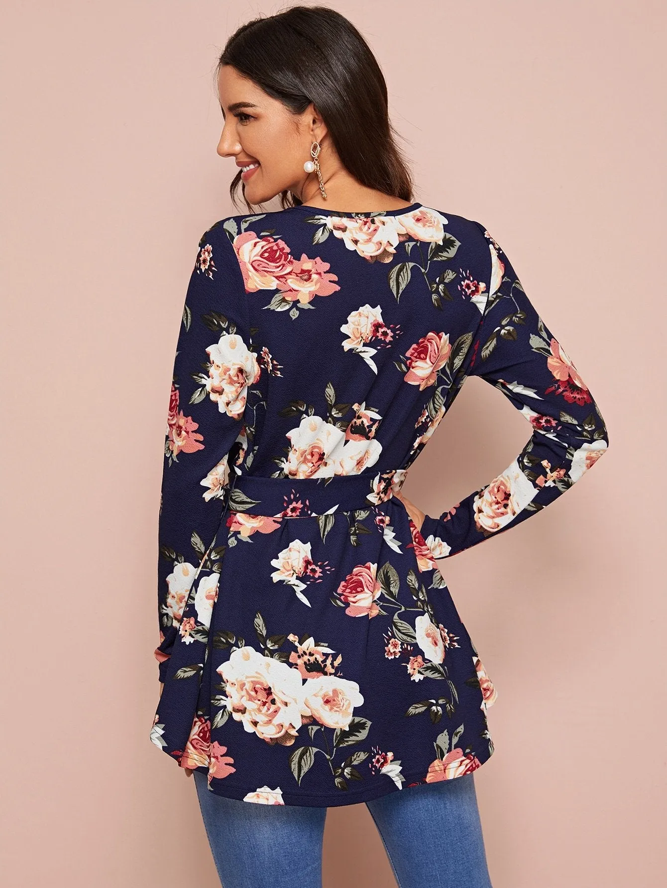 Floral High Low Hem Belted Top