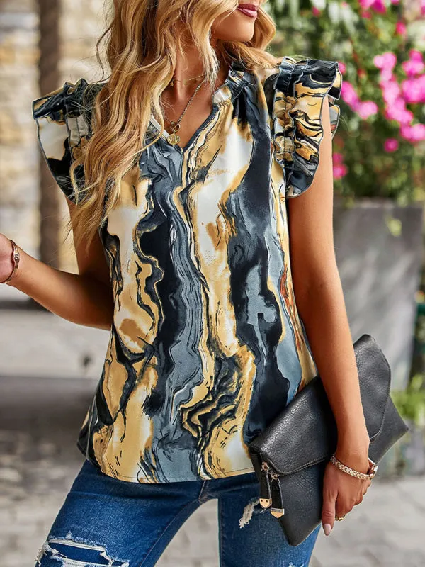 Floral Notch Neck Blouse - Ruffle Layered Cap Sleeve Top