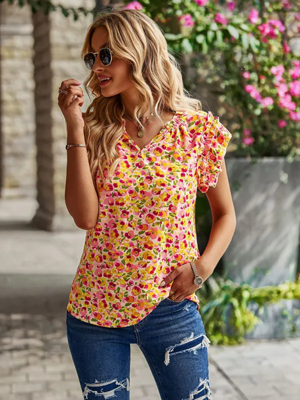 Floral Notch Neck Blouse - Ruffle Layered Cap Sleeve Top