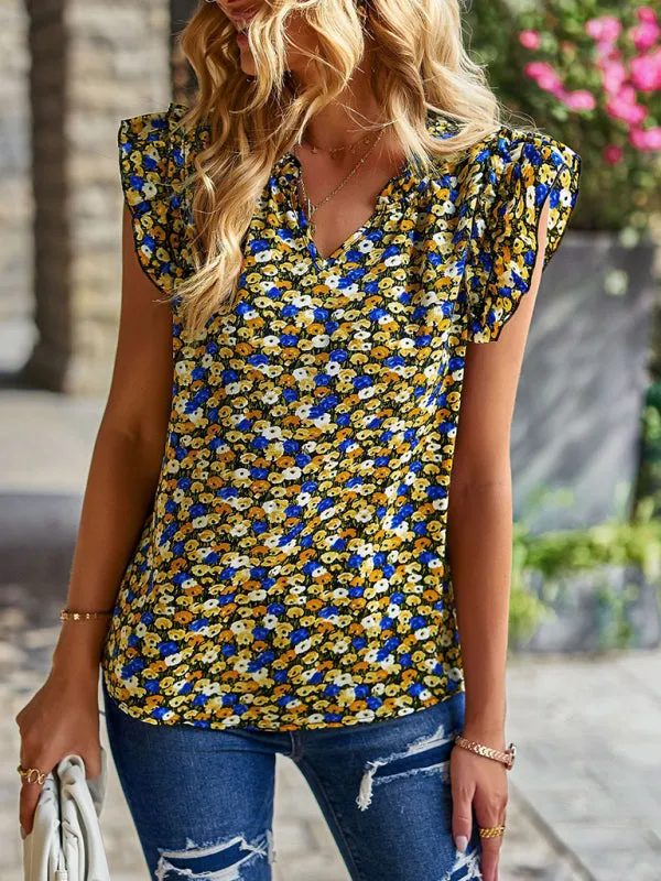 Floral Notch Neck Blouse - Ruffle Layered Cap Sleeve Top