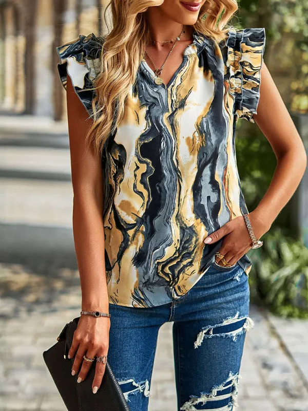 Floral Notch Neck Blouse - Ruffle Layered Cap Sleeve Top