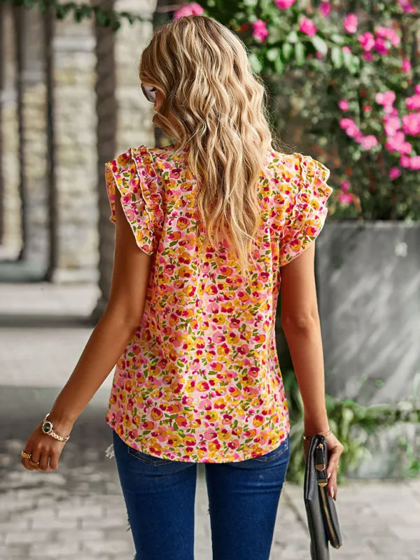 Floral Notch Neck Blouse - Ruffle Layered Cap Sleeve Top