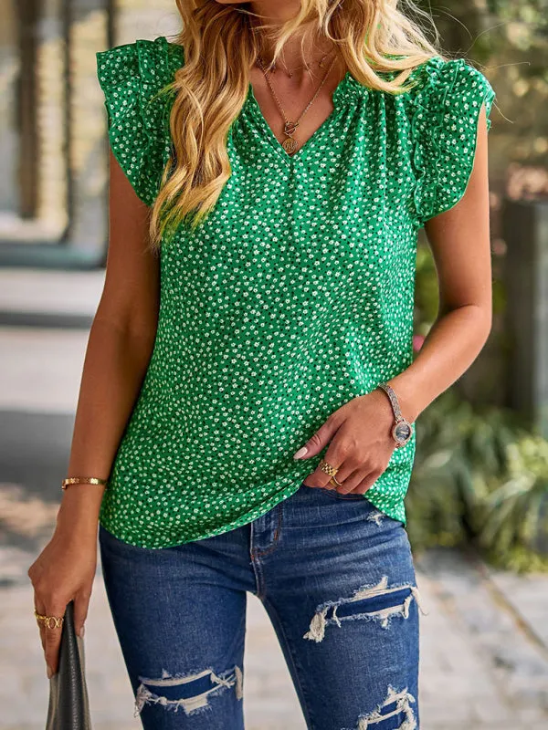 Floral Notch Neck Blouse - Ruffle Layered Cap Sleeve Top