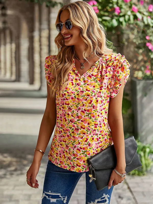 Floral Notch Neck Blouse - Ruffle Layered Cap Sleeve Top