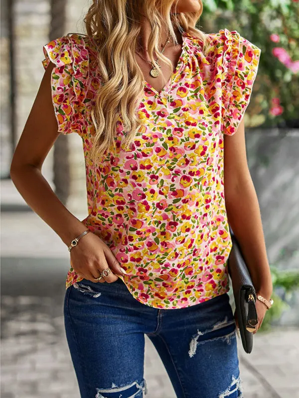 Floral Notch Neck Blouse - Ruffle Layered Cap Sleeve Top