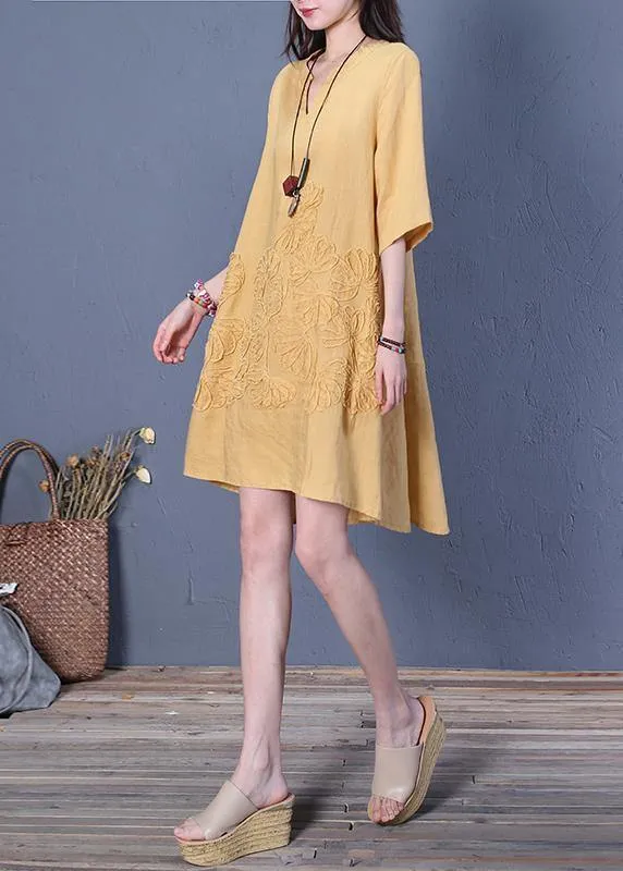 French v neck low high design linen summer dresses Shirts yellow Dress