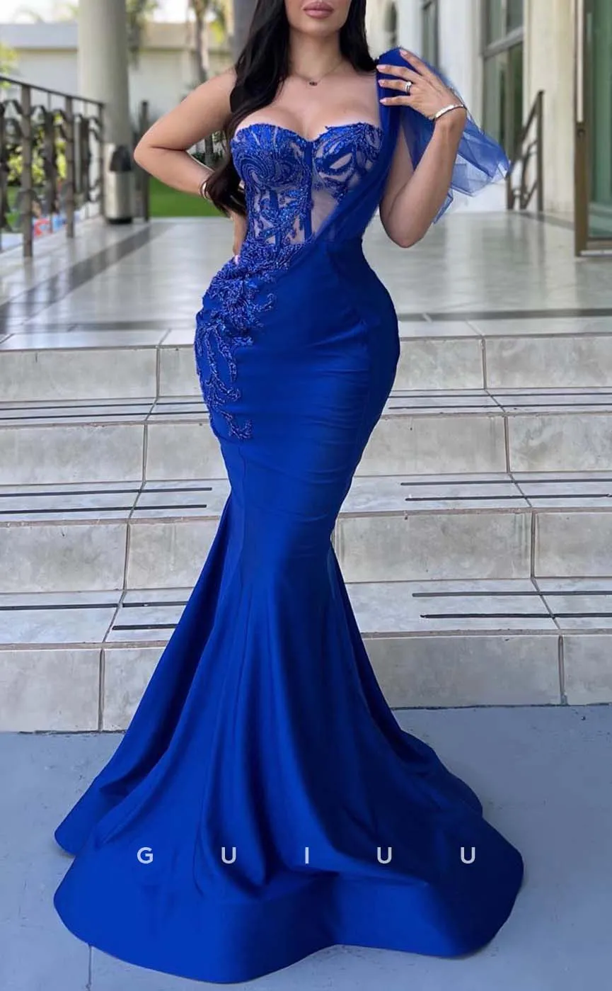 G3299 - A-Line Beaded One Shoulder Satin Blue Long Party Prom Evening Dresses