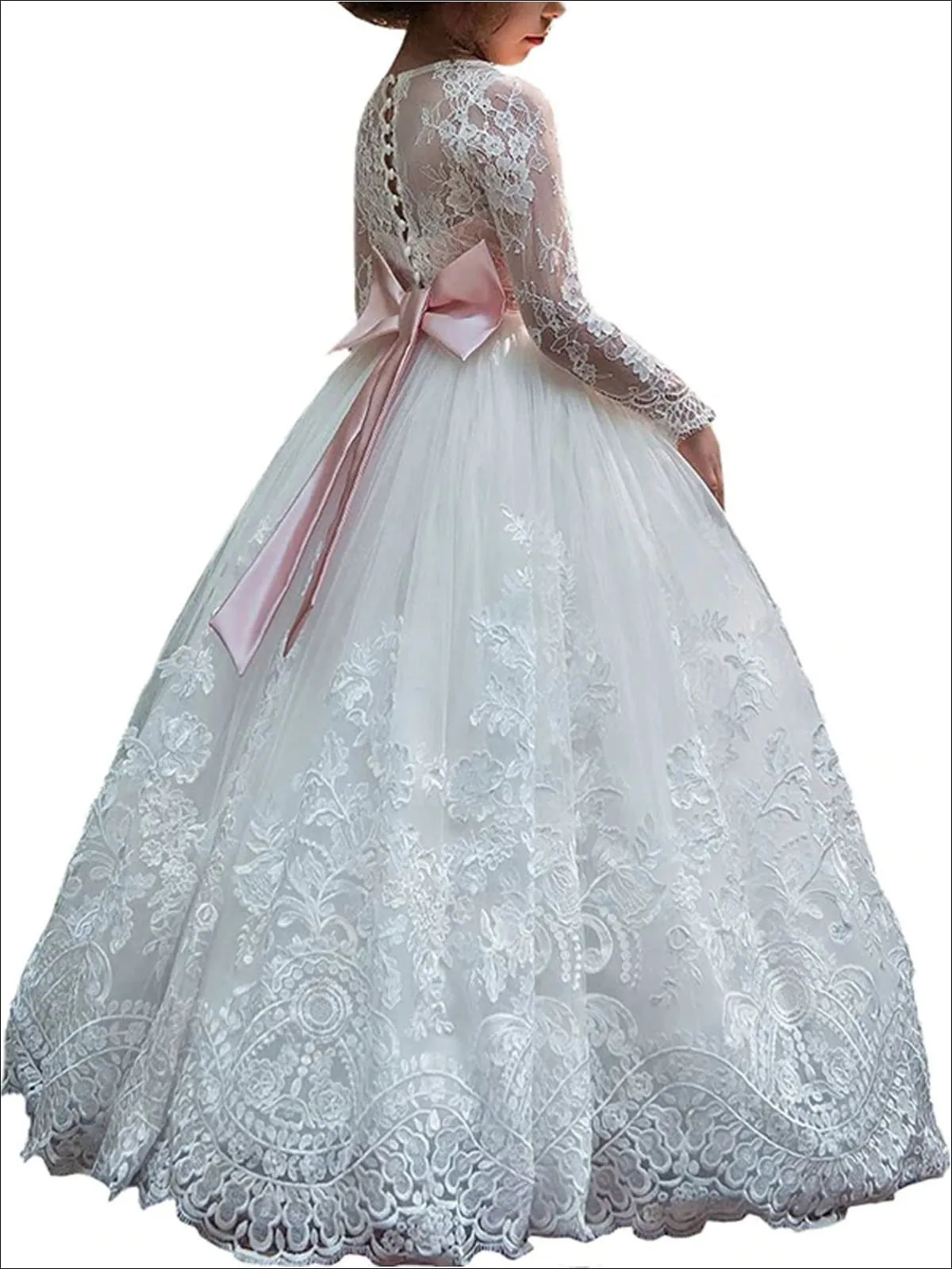 Girls Pink Bow Embellished White Communion Gown