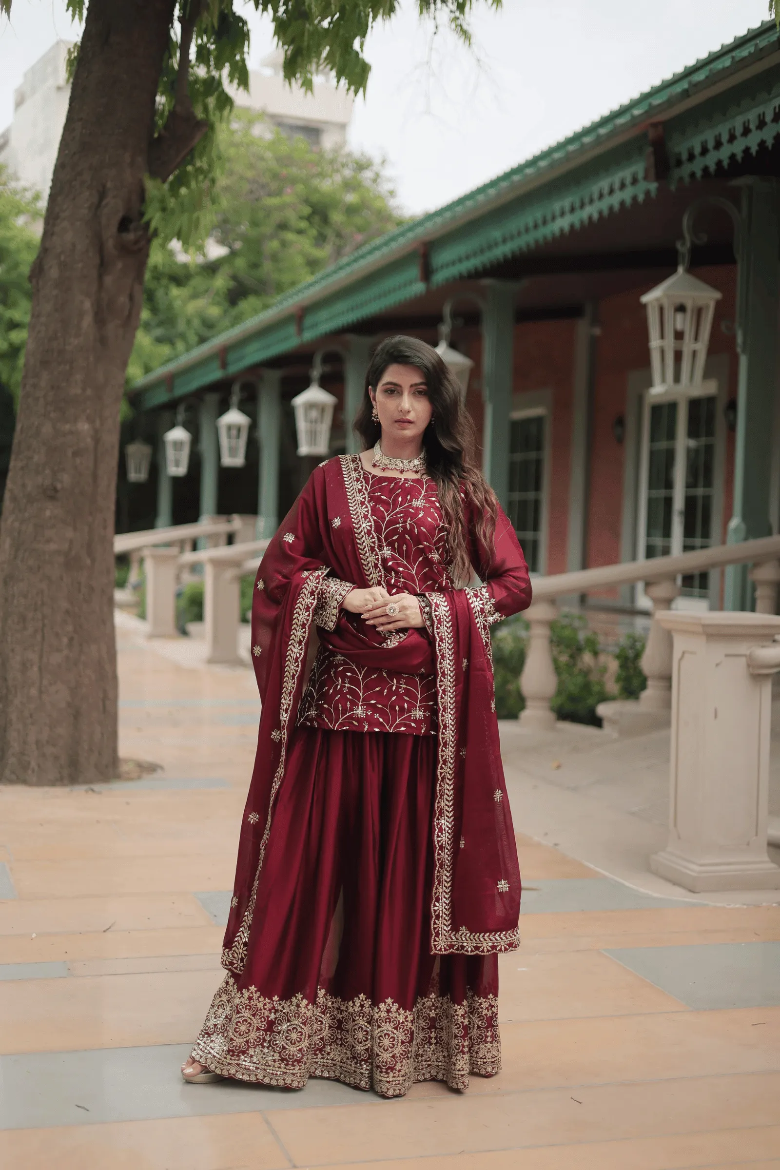 Glamwiz Embellished Chinon Sharara Suit Set