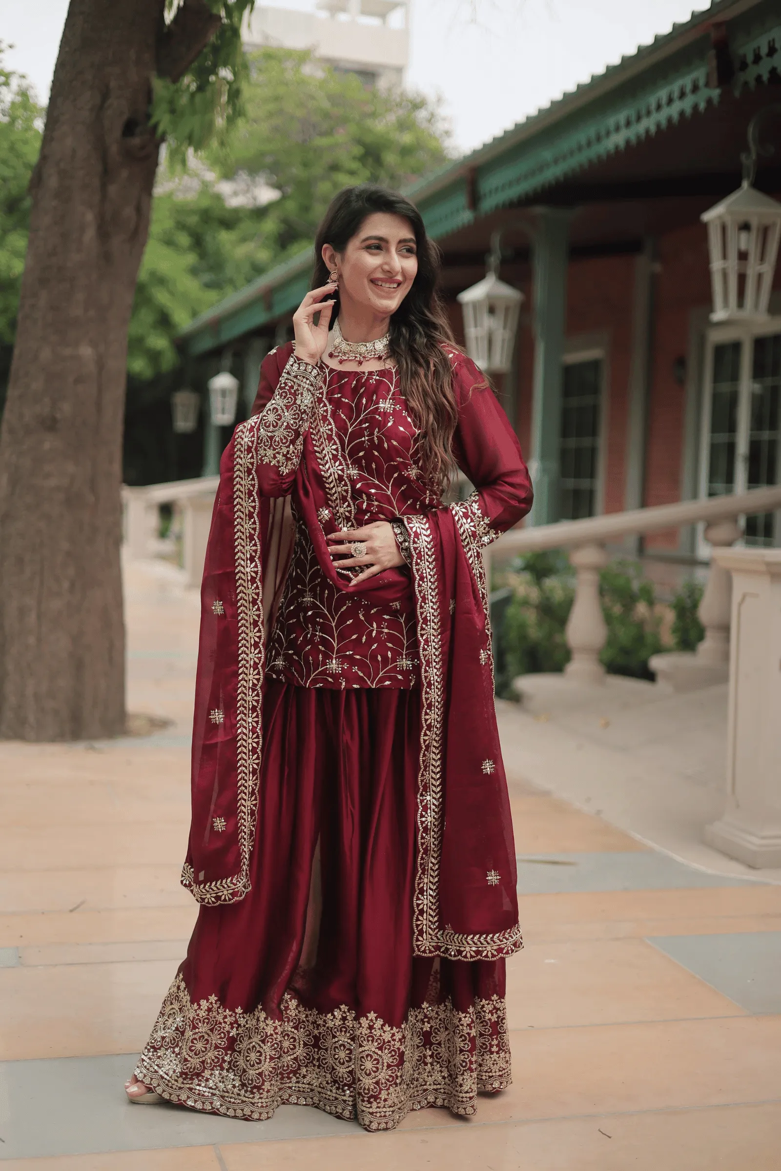 Glamwiz Embellished Chinon Sharara Suit Set