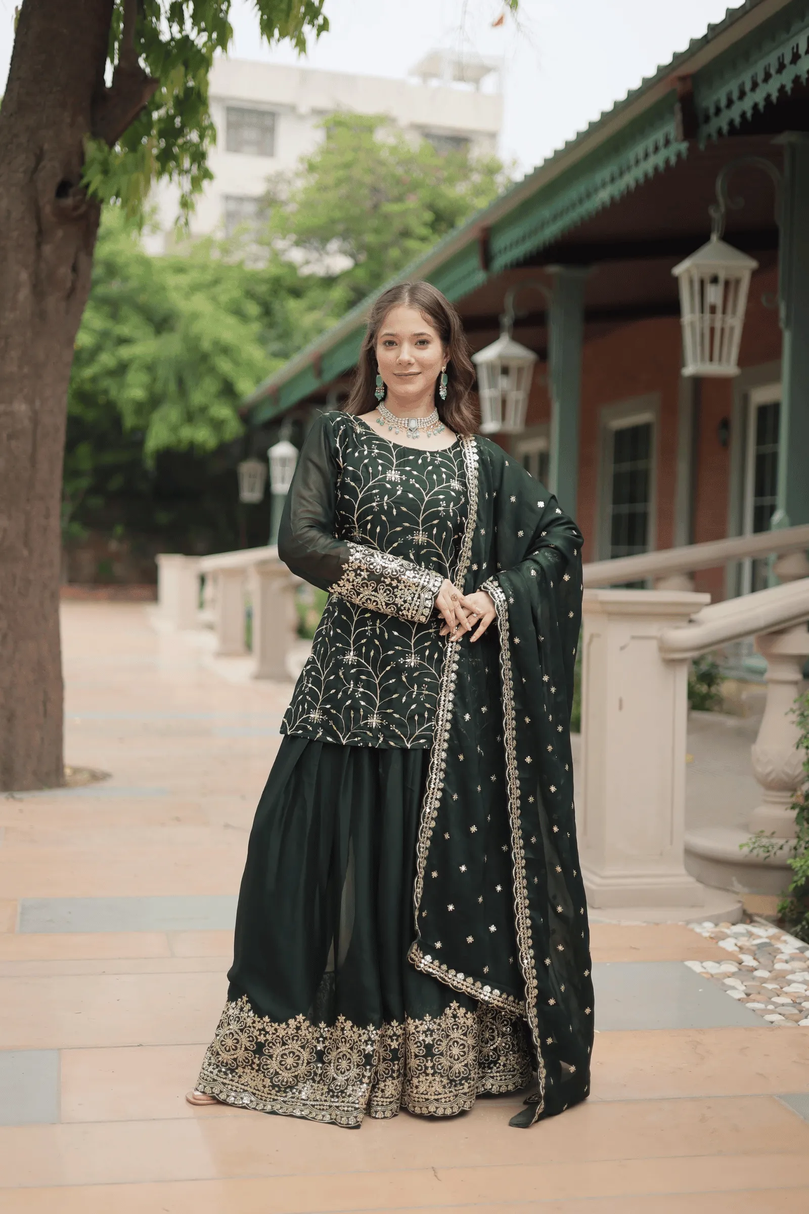 Glamwiz Embellished Chinon Sharara Suit Set