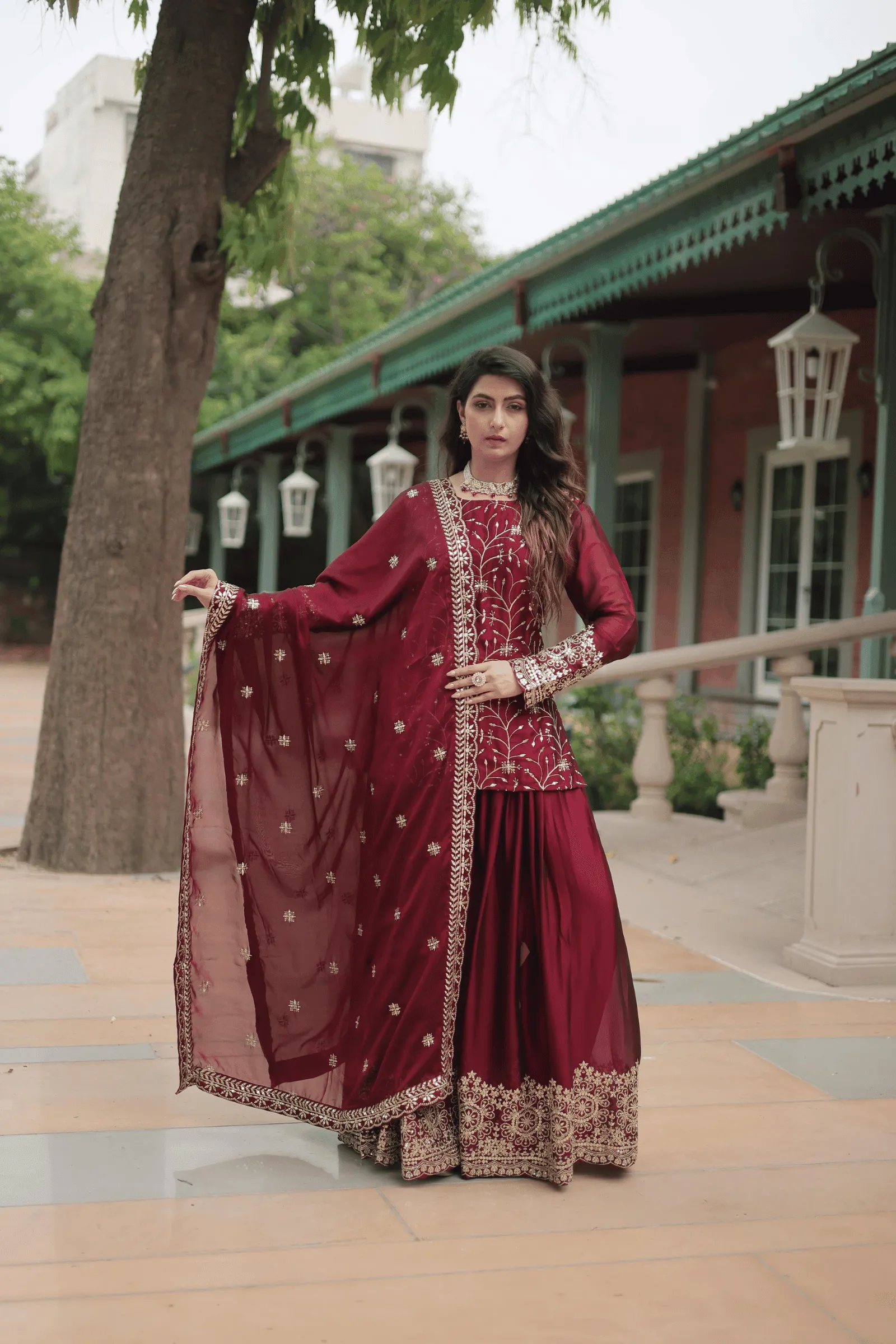 Glamwiz Embellished Chinon Sharara Suit Set