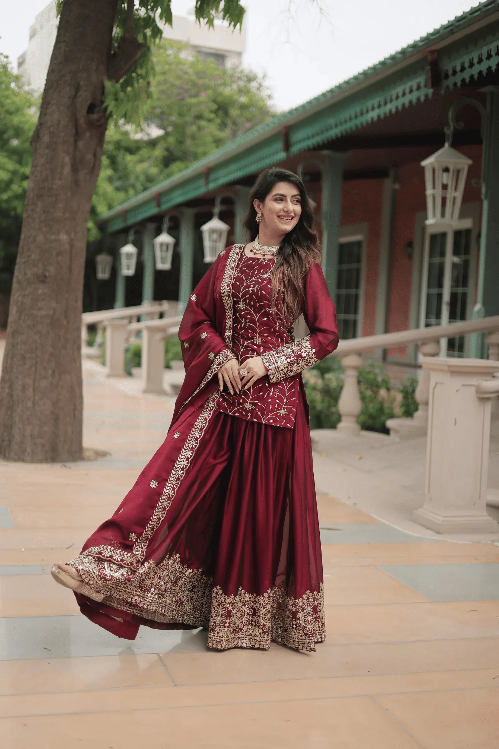 Glamwiz Embellished Chinon Sharara Suit Set