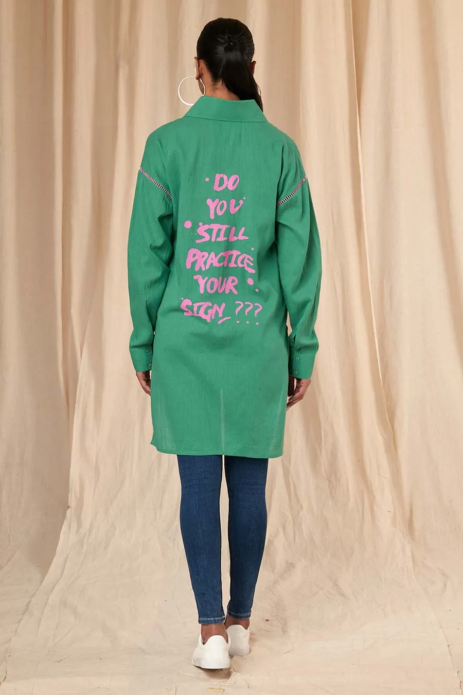 Green Slogan High-Low Shirt