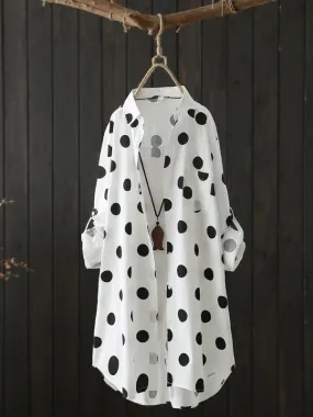 High-Low Long Sleeves Polka-Dot Lapel Shirts Tops