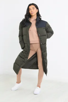 KHAKI CONTRAST LONGLINE PADDED PUFFER JACKET