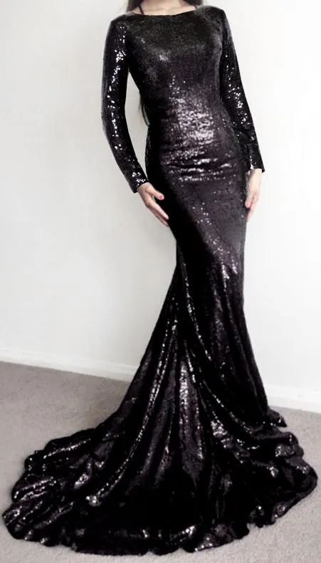 Long-Sleeve Sequin-Embellished Gown, Black