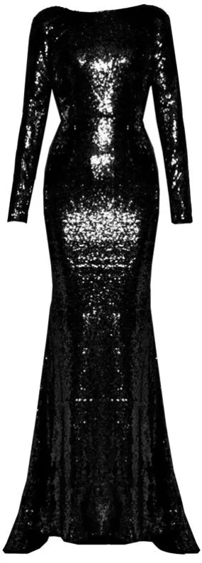 Long-Sleeve Sequin-Embellished Gown, Black