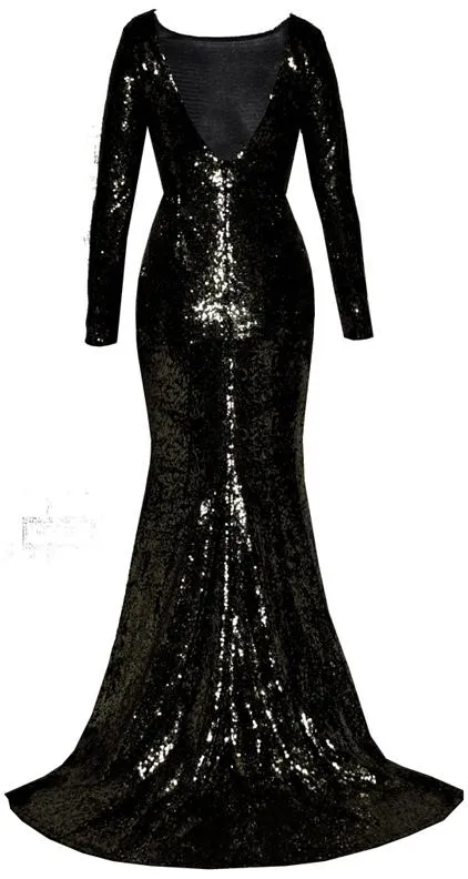 Long-Sleeve Sequin-Embellished Gown, Black