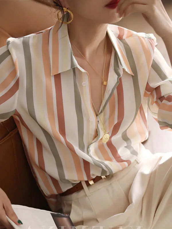 Long Sleeves Multi-Colored Striped Lapel Shirts Tops