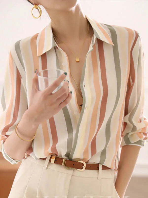 Long Sleeves Multi-Colored Striped Lapel Shirts Tops