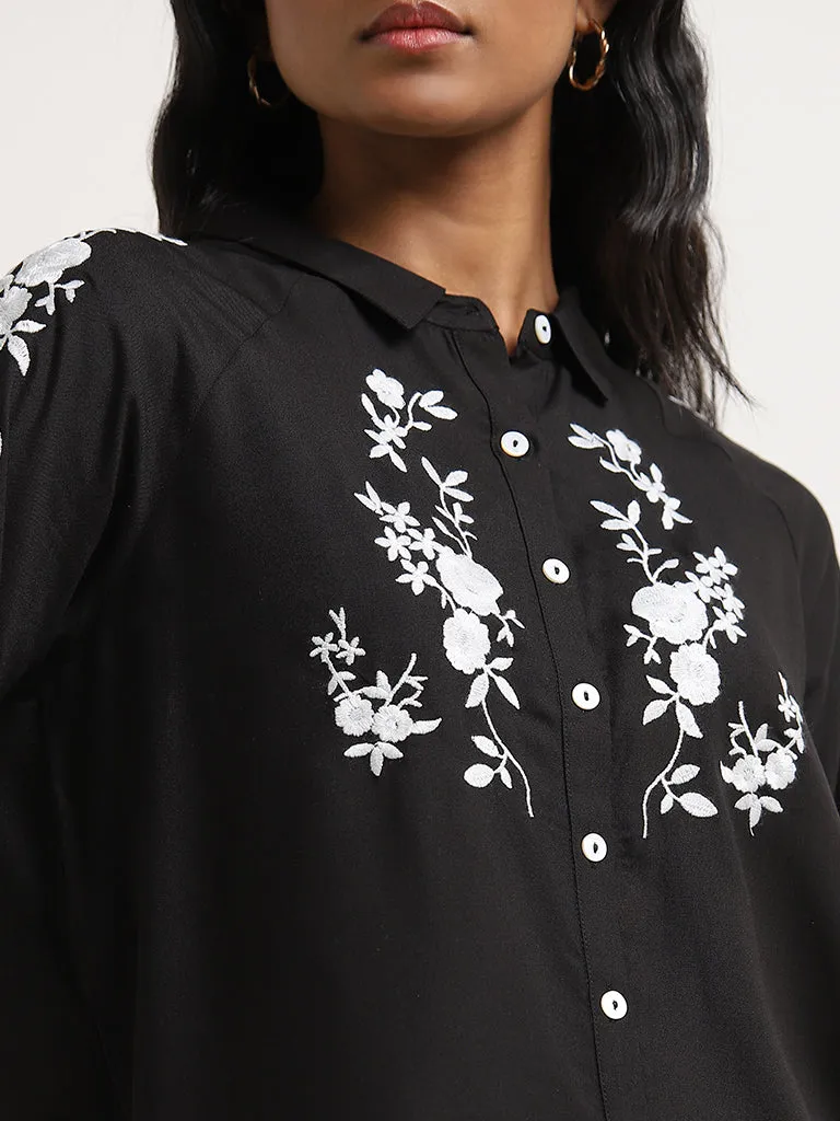 LOV Black Floral Embroidered High-Low Shirt