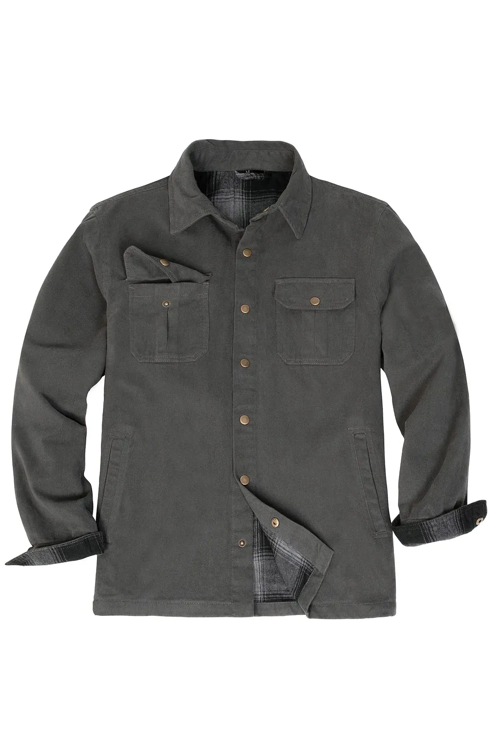 Men's Flannel Lined Heavy Washed Cotton Outdoor Utility Shirt Jacket