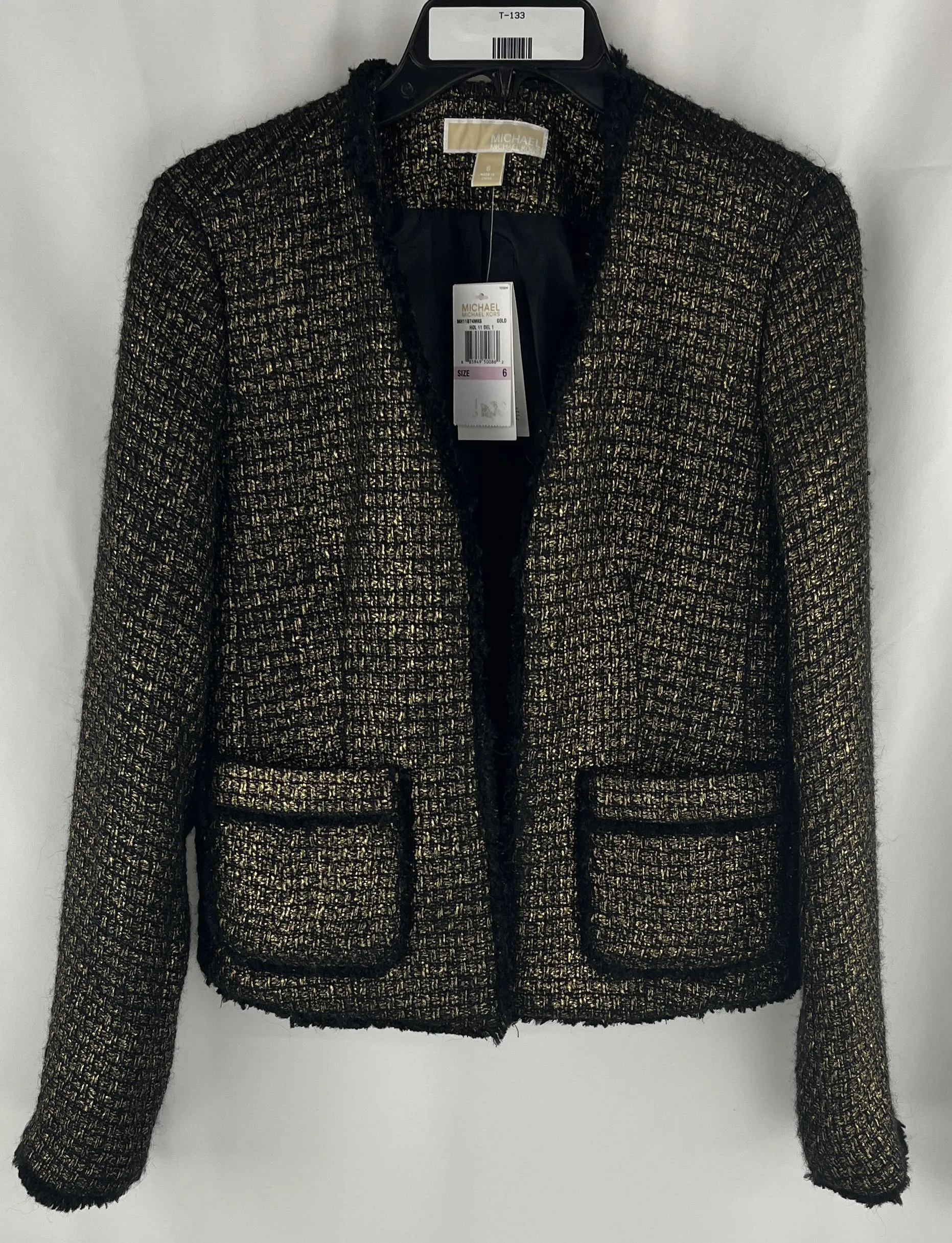 Michael Kors Women's Tweed Black Boucle Blazer Gold Metallic Shimmer Size 6