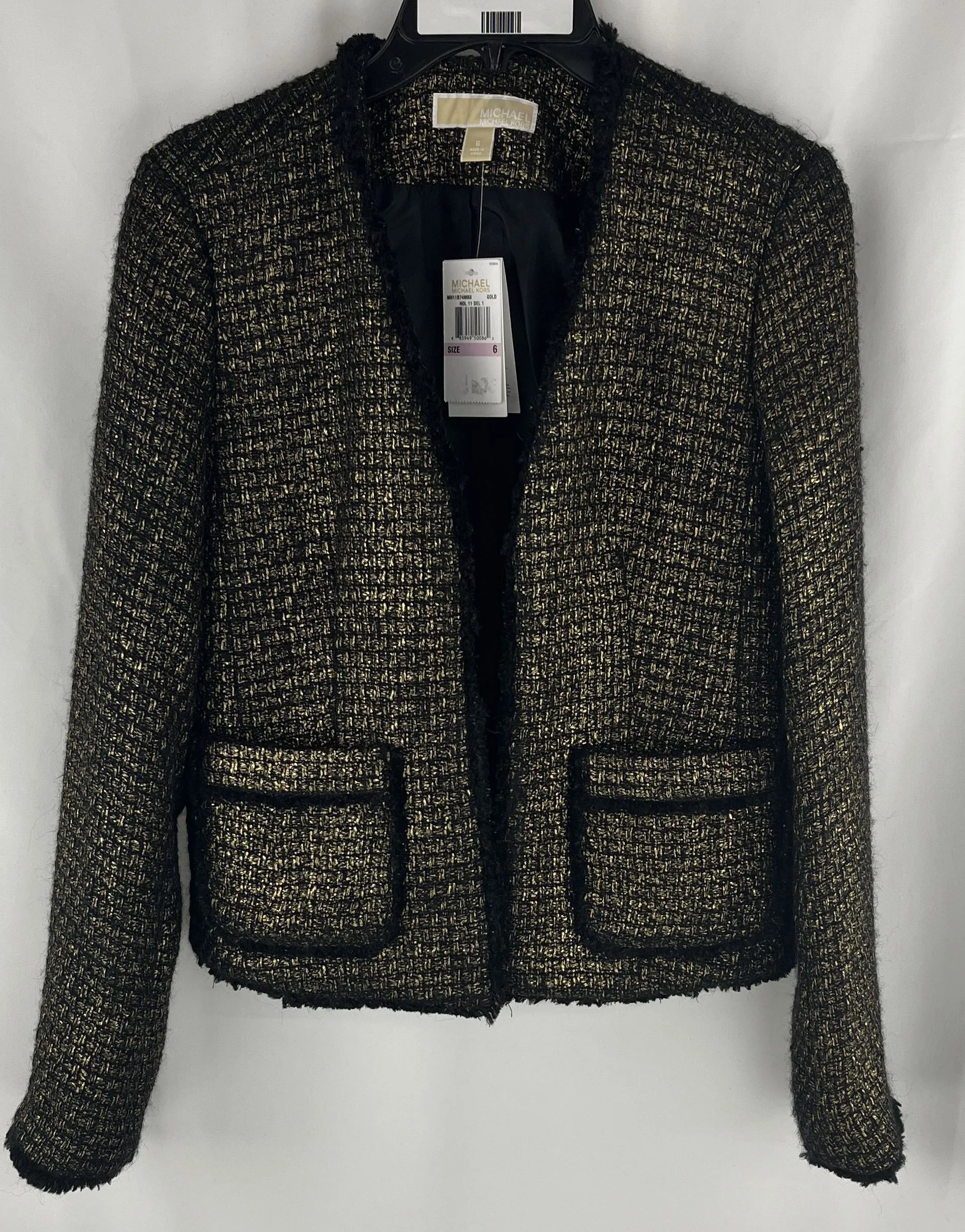 Michael Kors Women's Tweed Black Boucle Blazer Gold Metallic Shimmer Size 6