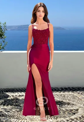 Mulberry Sheath Spaghetti Straps Scoop Prom Dress with Slit Sequins Evening Party Dress