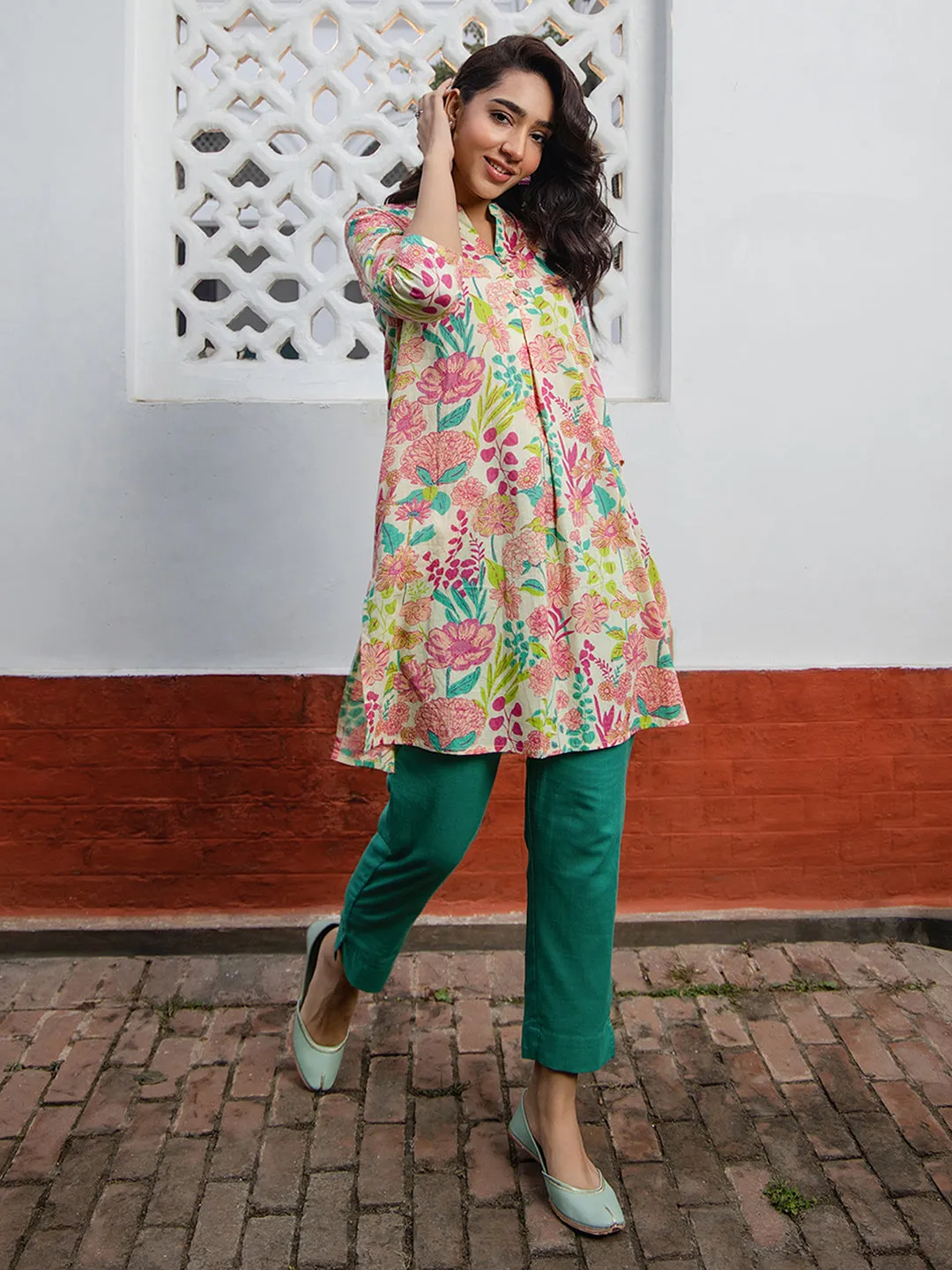 Multicolour Cotton Floral A-Line Tunic  - By Janasya