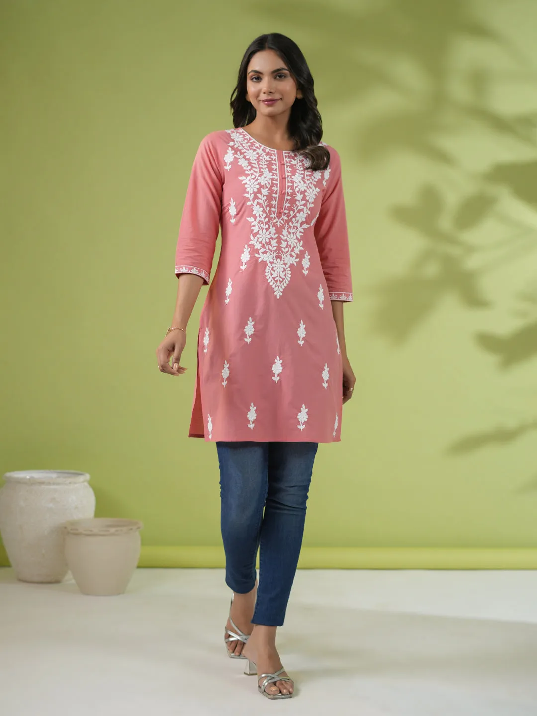 Peach Cotton Chikankari Tunic  - By Janasya