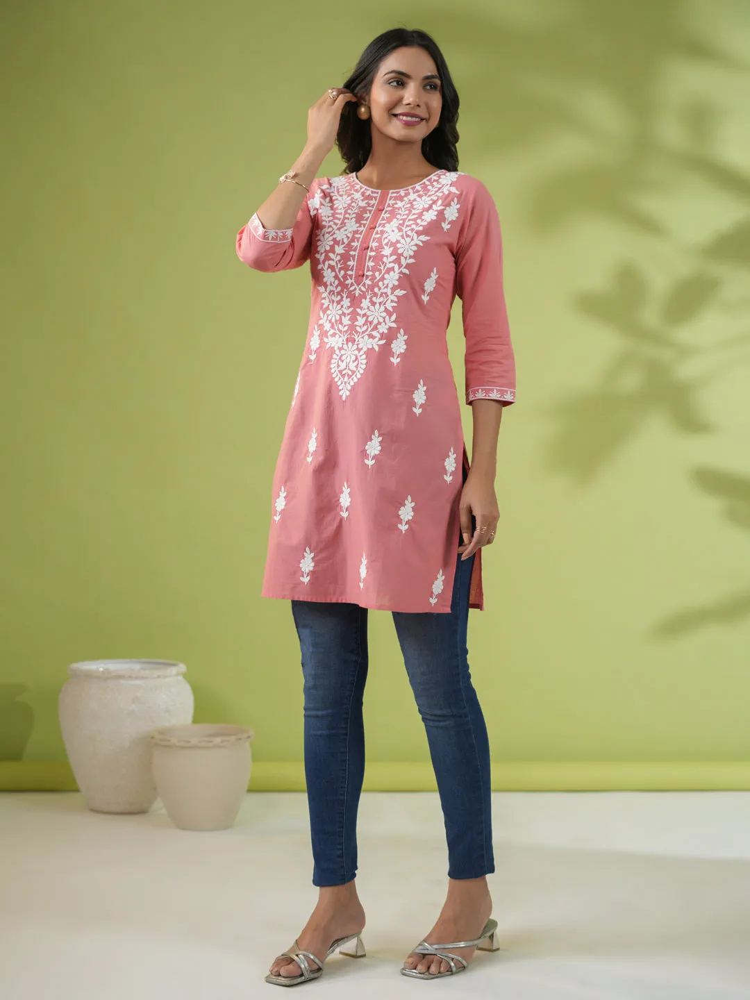 Peach Cotton Chikankari Tunic  - By Janasya