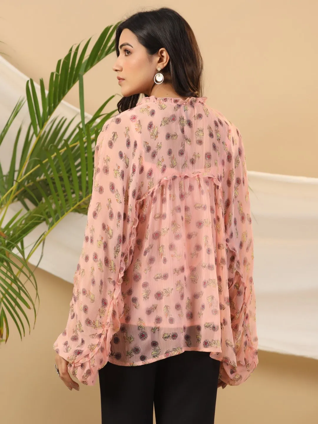 Peach Floral Printed Chiffon Tunic With Inner