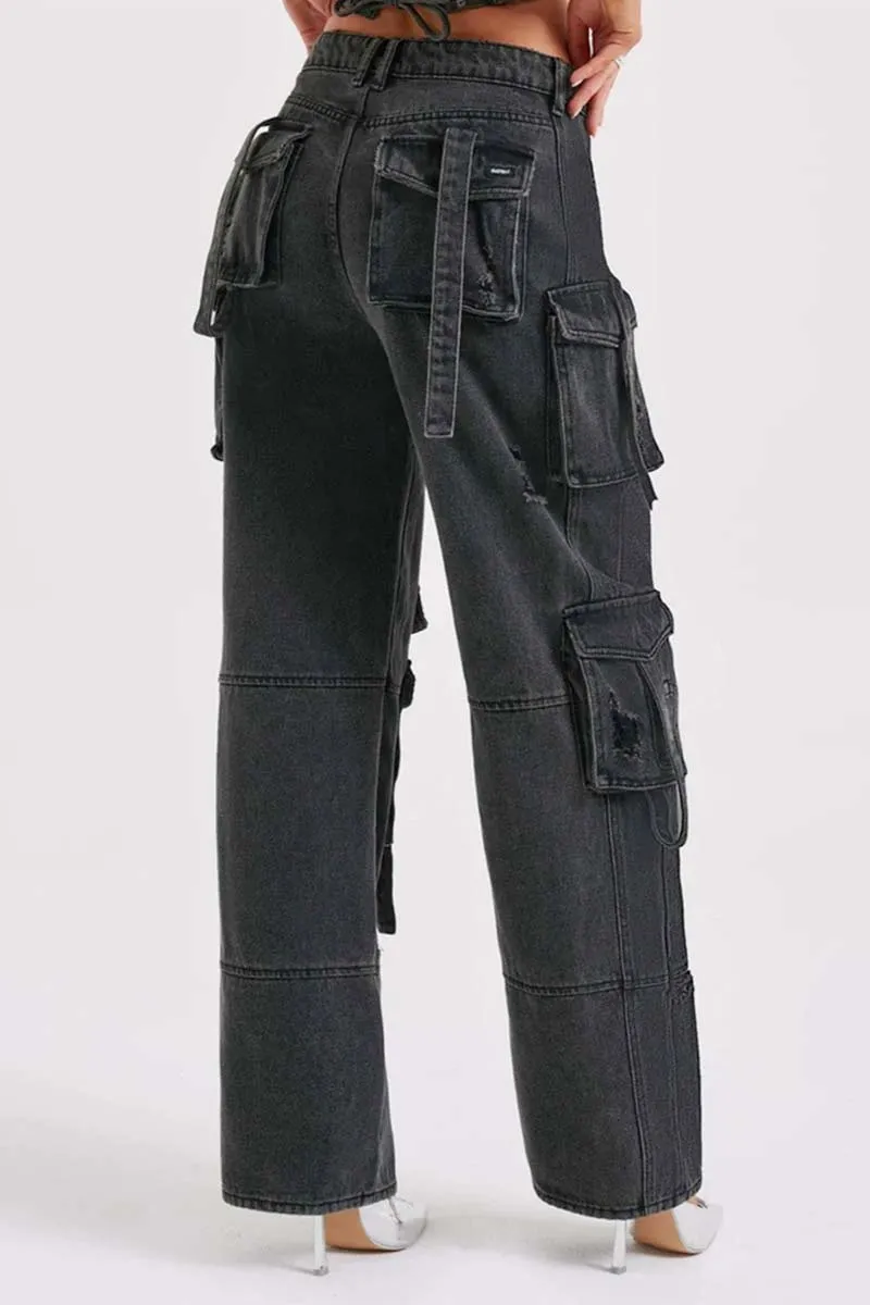 PI611 Denim Cargo Straight Leg Pants