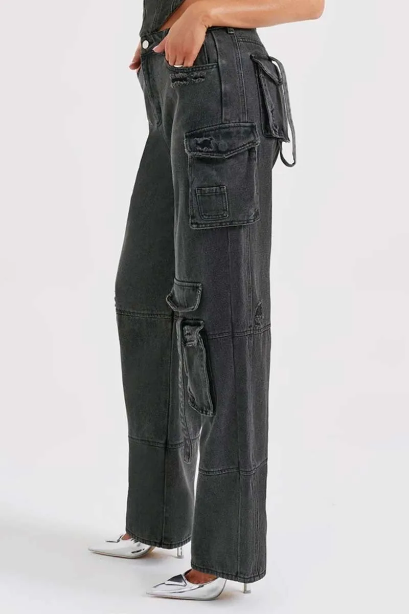 PI611 Denim Cargo Straight Leg Pants