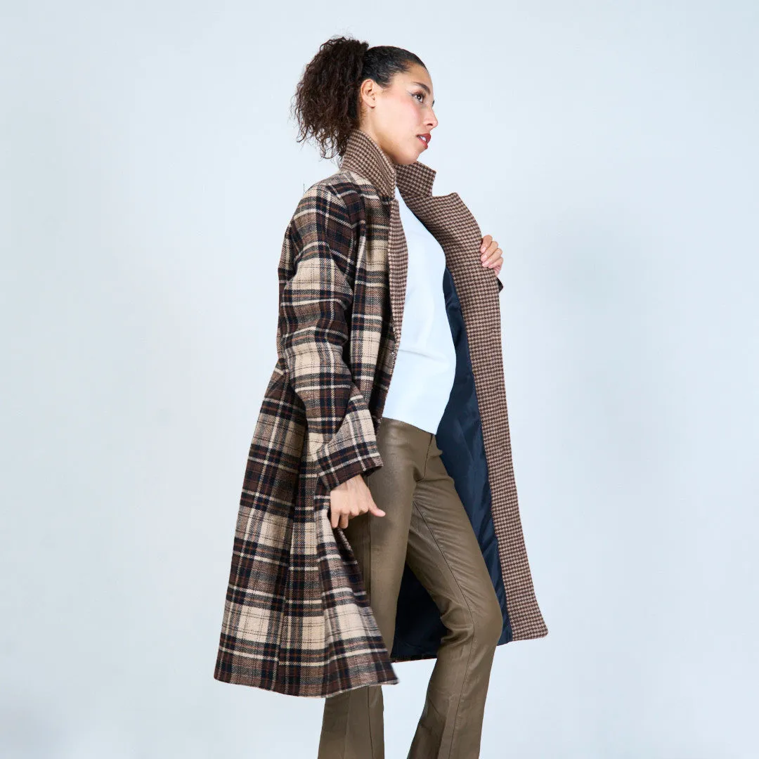 Plaid longline coat with notched collar wholesale