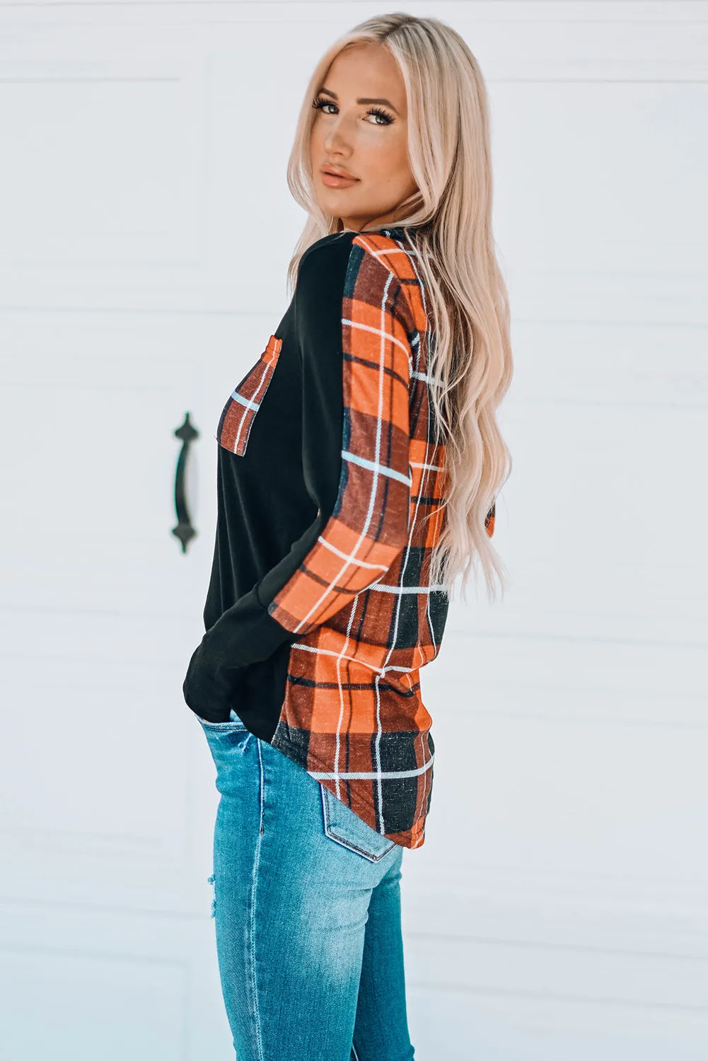 Plaid Round Neck High-Low Top