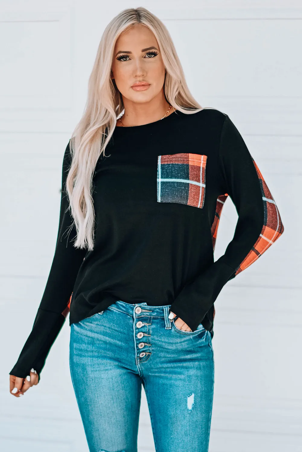 Plaid Round Neck High-Low Top