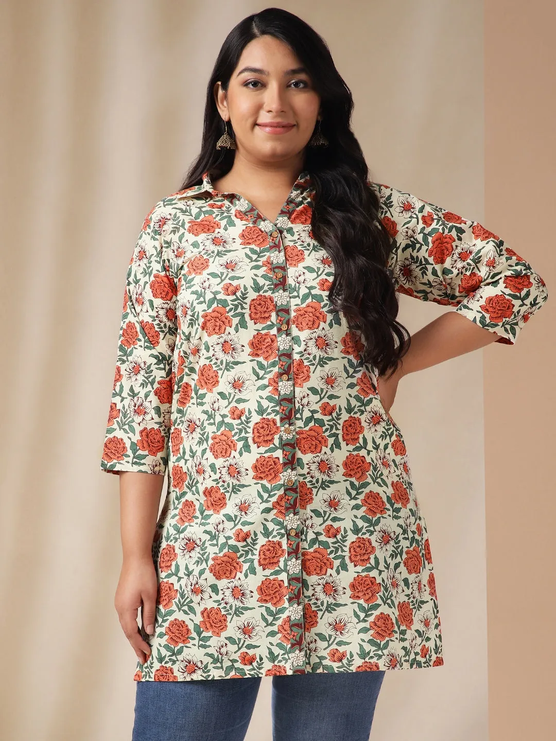 Plus Size Cream Cotton Floral Tunic  - By Janasya