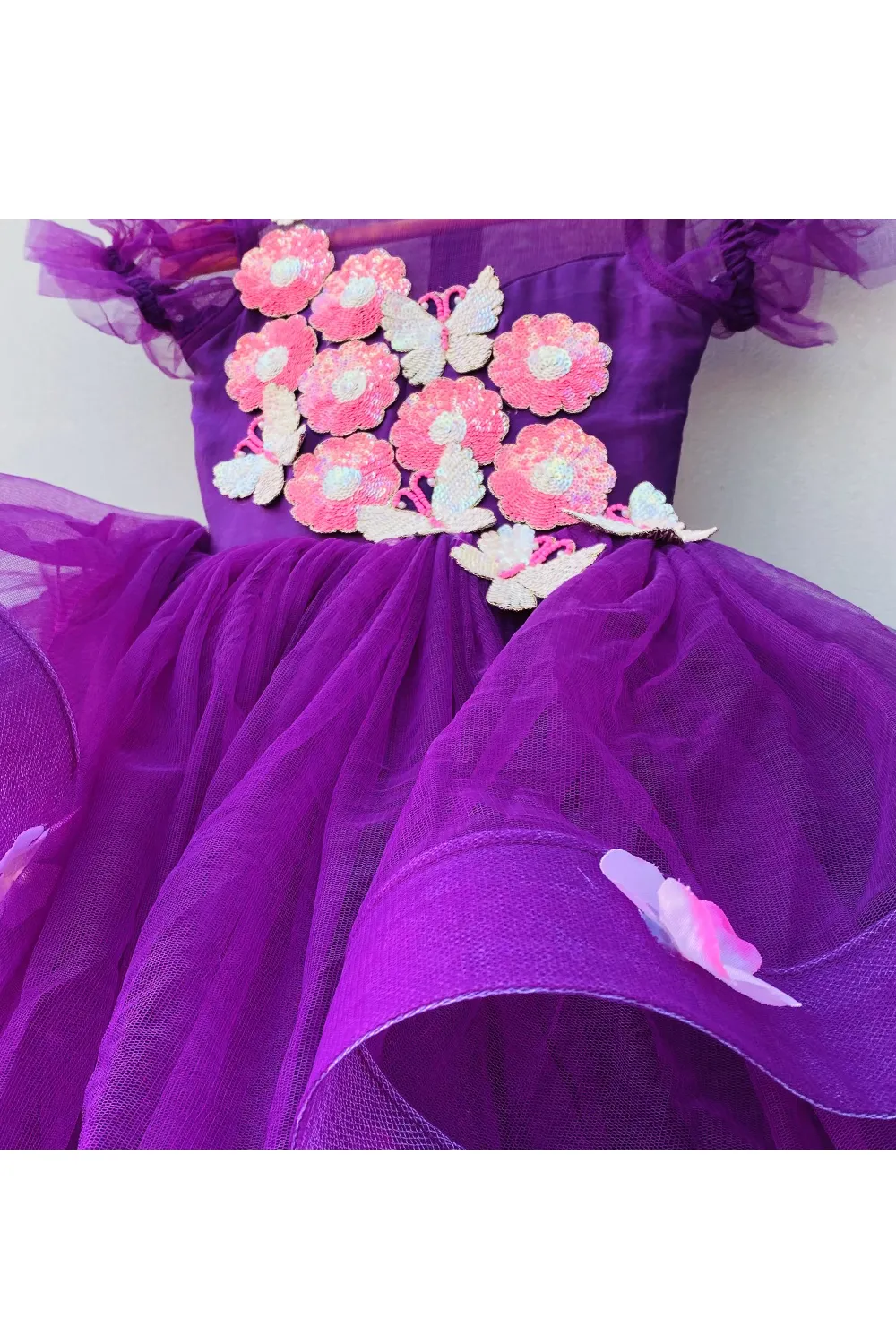 Purple hand embellished floral satin gown