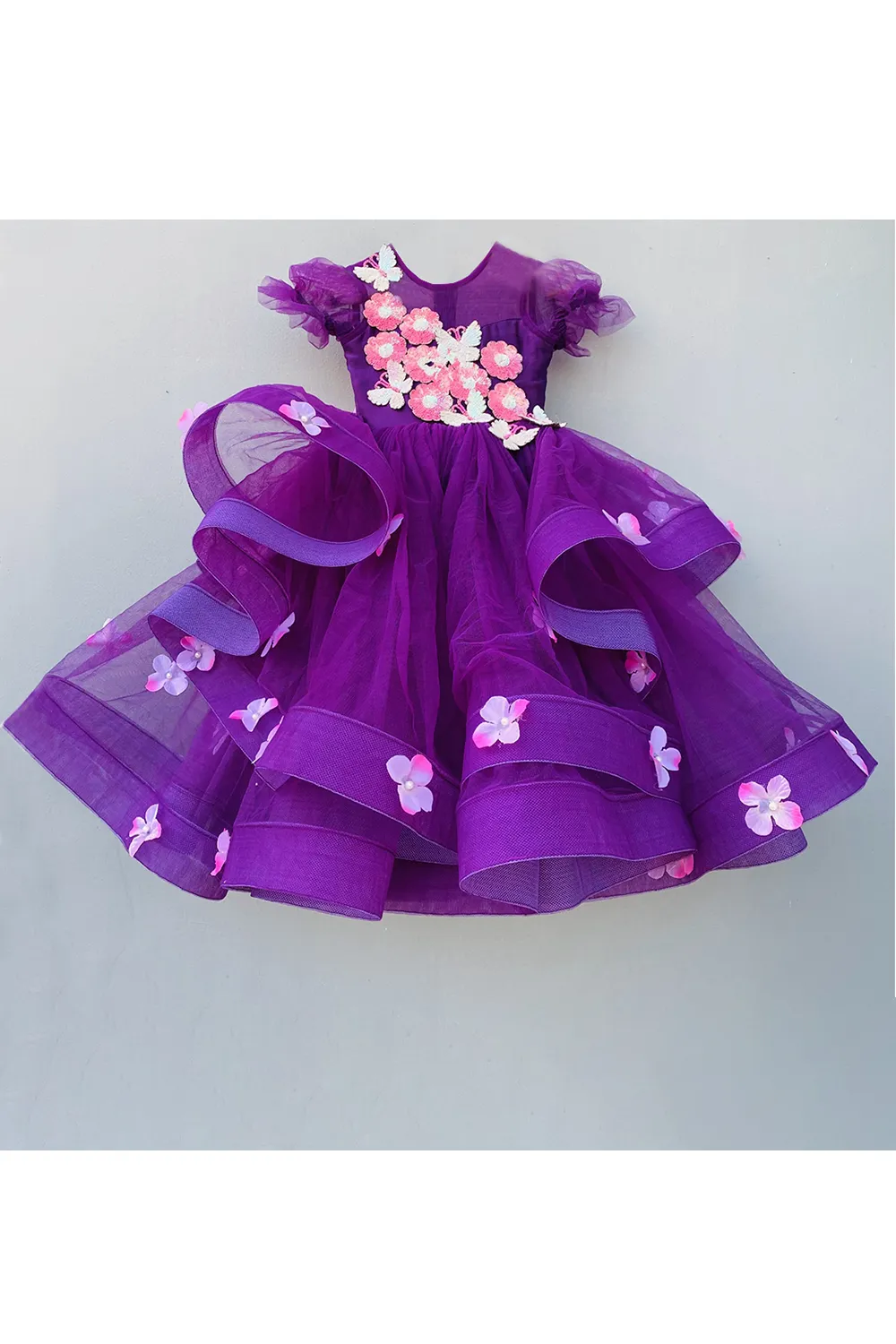 Purple hand embellished floral satin gown