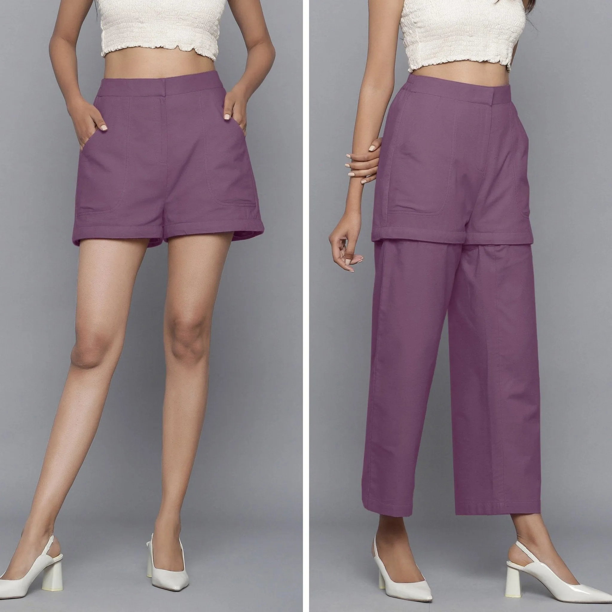 Purple Warm Cotton Flannel Convertible Ankle Length Pant Shorts