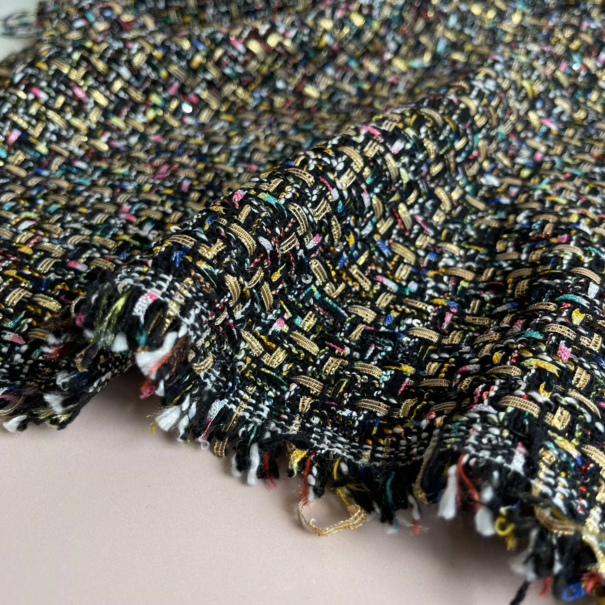 Rainbow on Black Tweed Boucle Fabric