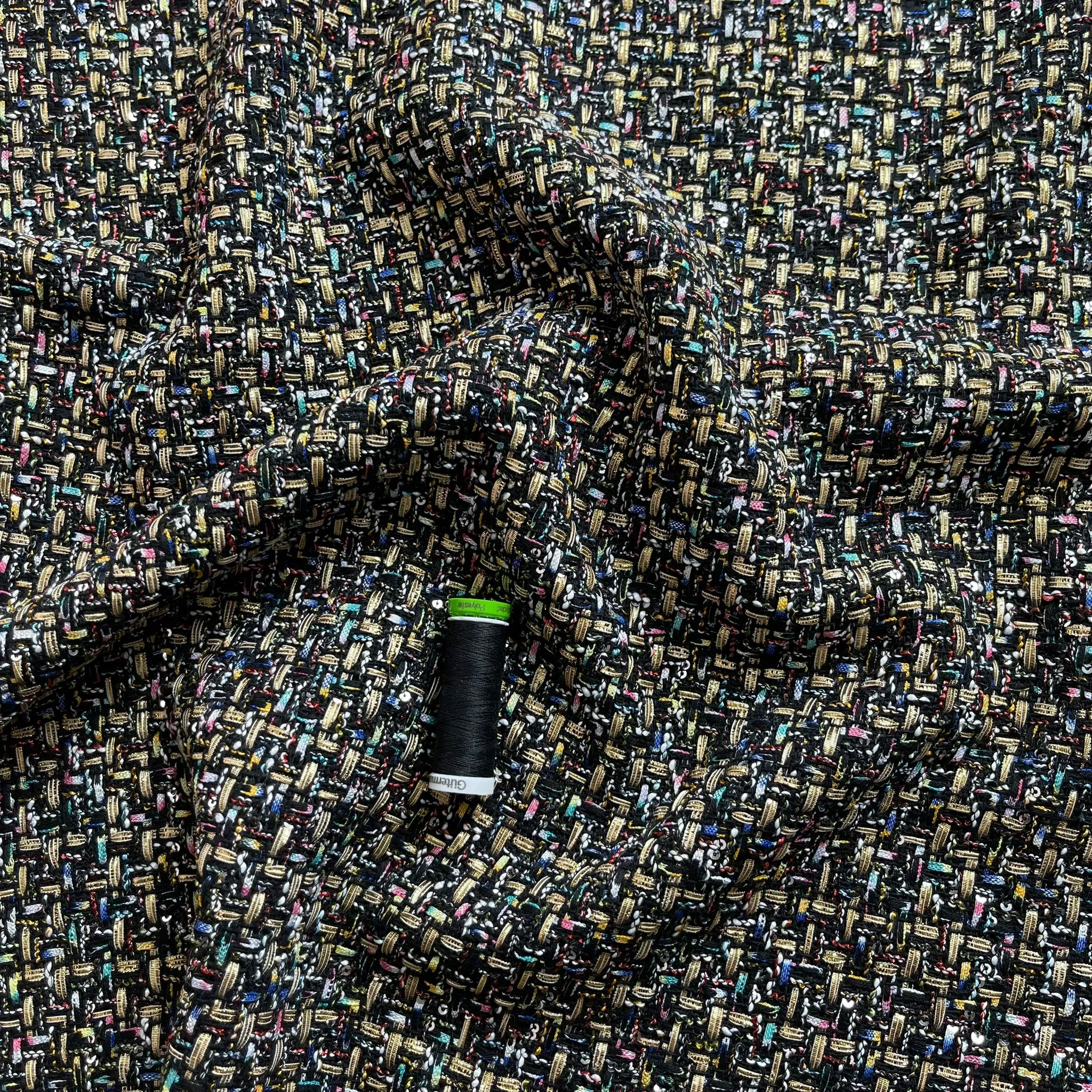 Rainbow on Black Tweed Boucle Fabric